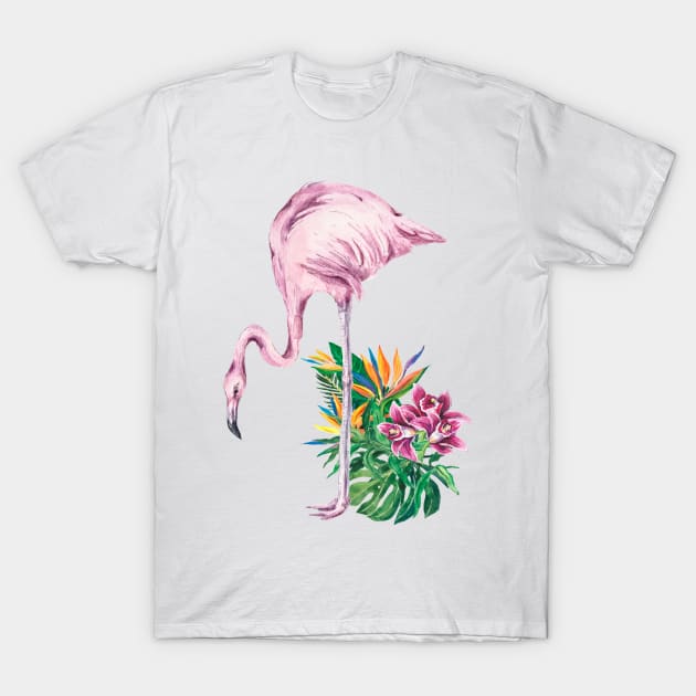 Pink Flamingo and Tropical Flowers Watercolor Art T-Shirt by AdrianaHolmesArt